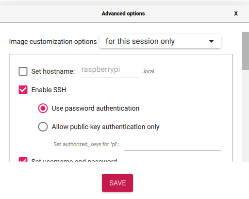 Advanced options configuration in Raspberry Pi Imager