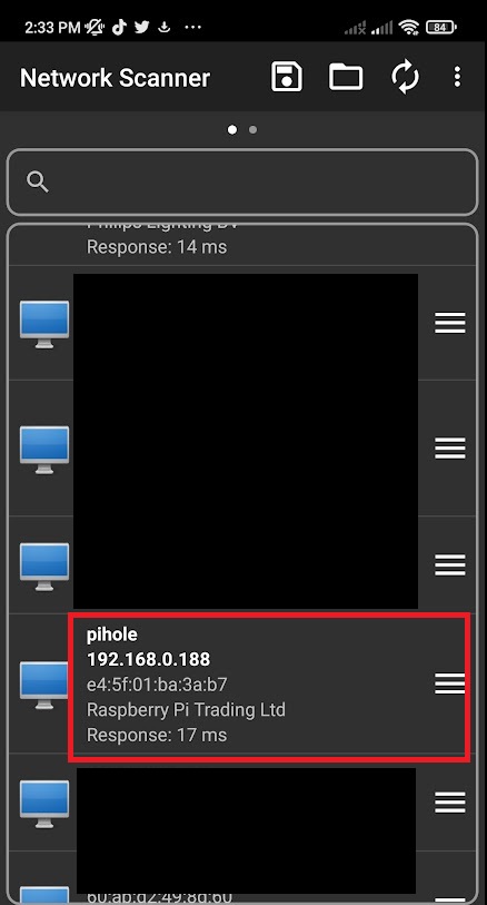 Network scanner showing Raspberry Pi device