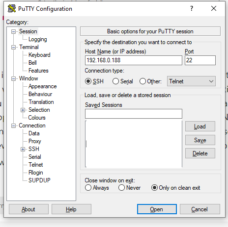 PuTTY connection configuration