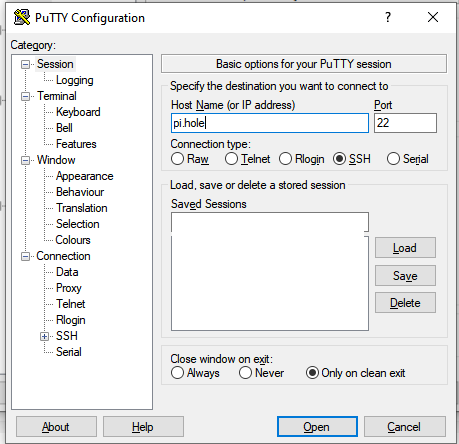 PuTTY session setup